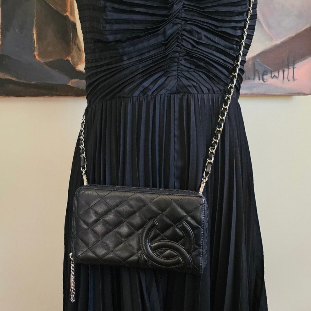 Chanel black calfskin cambon zip around wallet organizer